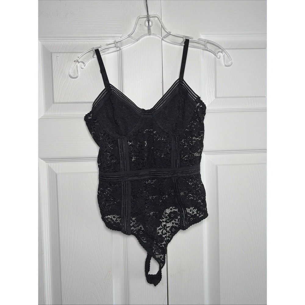 Honey Punch Lace Bustier Bodysuit Womens Size M Black Lingerie Hook‎ Eye Mesh